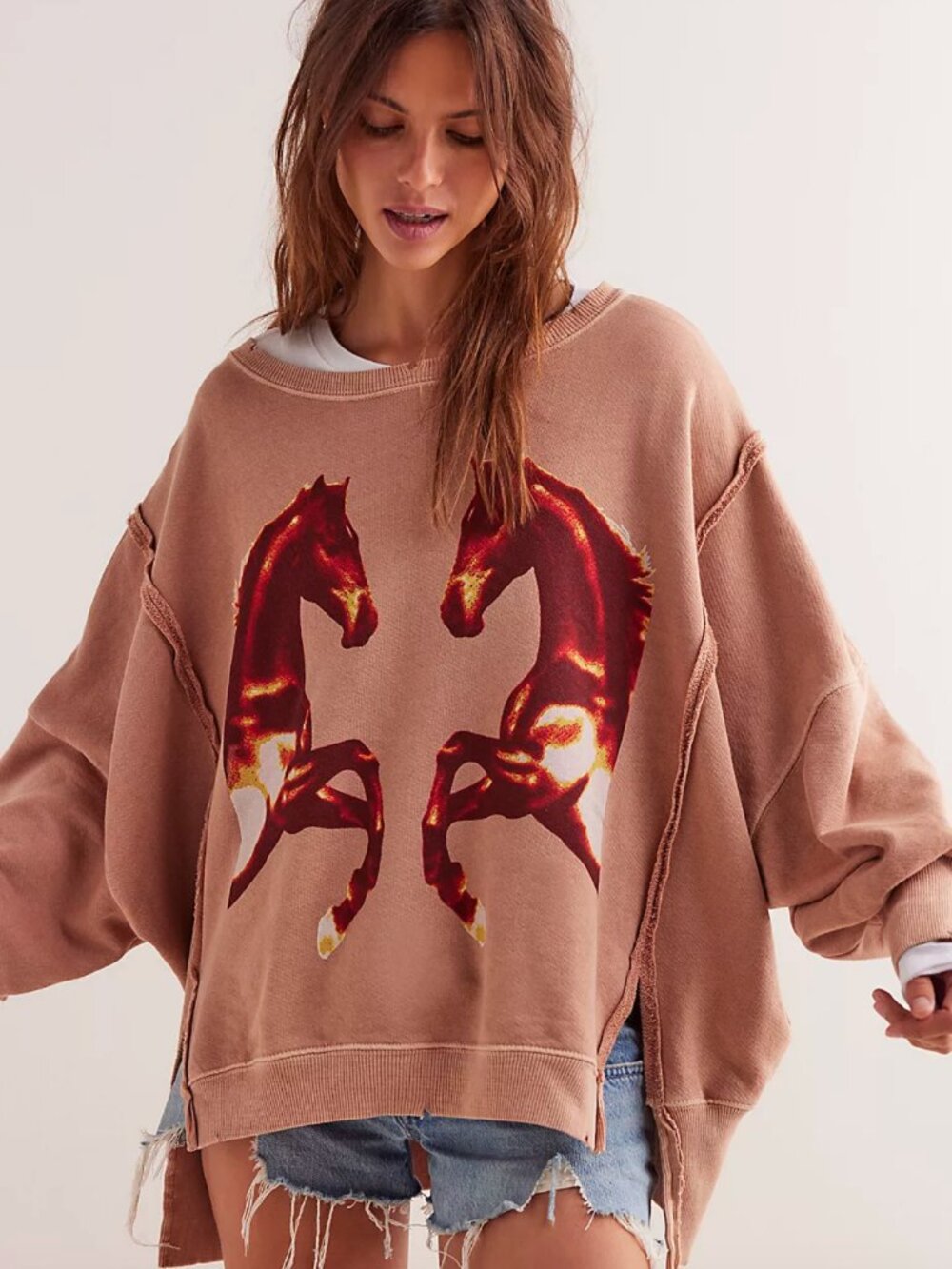 Free People We The Free Camden Mirrored Horses Graphic Sweatshirt Cowgirl Boho M